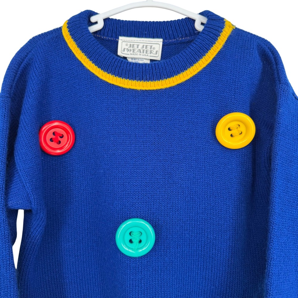 Jet Set Sweaters Knit Jumper Kids Size 6 Blue Vintage Buttons USA Kidcore 90s